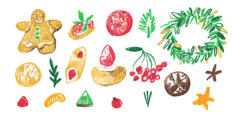 Christmas food clip art drawn with wax crayons on white isolated background. Children's Christmas New Year collection of oil pastel illustrations. 