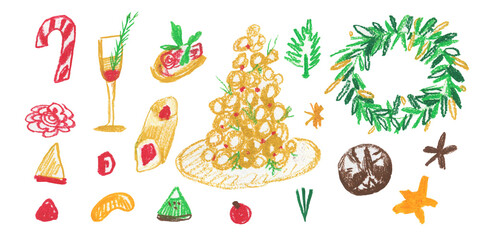 Christmas food clip art drawn with wax crayons on white isolated background. Children's Christmas New Year collection of oil pastel illustrations.