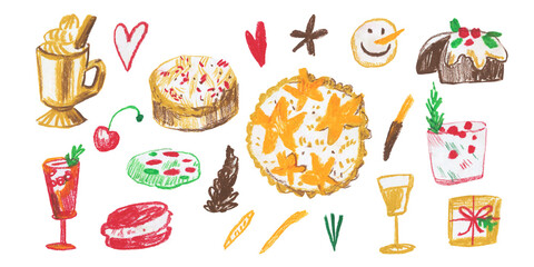 Christmas food clip art drawn with wax crayons on white isolated background. Children's Christmas New Year collection of oil pastel illustrations. 