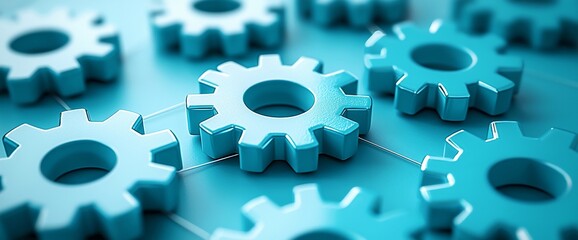 Close-up of teal gears interlocked, showing teamwork and mechanics.