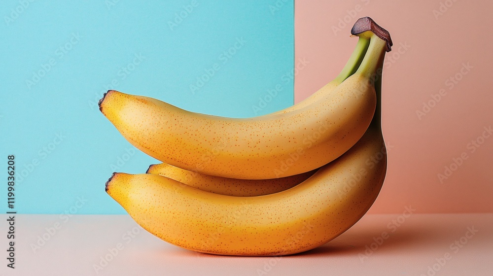 Poster isolated of a cluster of bananas with vibrant yellow hues and natural imperfections highlighted stoc