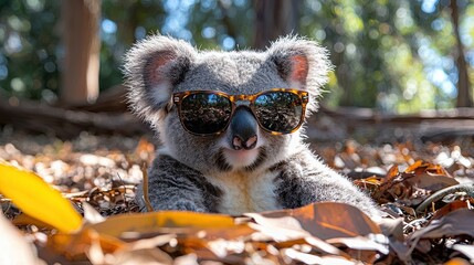 Naklejka premium Koala enjoys a sunny day in the forest wearing sunglasses surrounded by autumn leaves