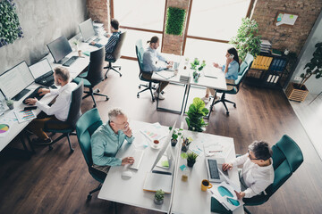 Full size high angle photo of coworking project teamwork people process agency work together...