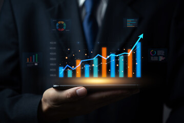 Business professional digital graph growth, market trends, and financial efficiency. development,...