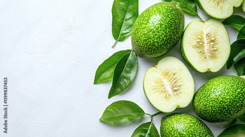 Poster isolated of guavas sliced to reveal the juicy white interior with seeds displayed on a clean white s