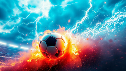 Fototapeta premium Flying soccer ball with cosmic storm, lightning, fire and ice, dramatic sky and dark football stadium background. Generative AI