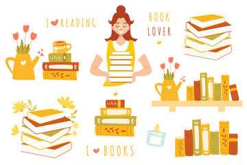 Cute book lover set of vector elements isolated on white background - stack of books with flowers and coffee mug, young girl in glasses holding books. Book lovers day concept. Flat cartoon style
