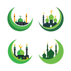 Elegant Islamic Motif Featuring Mosques and Crescent Moons in Green Tones