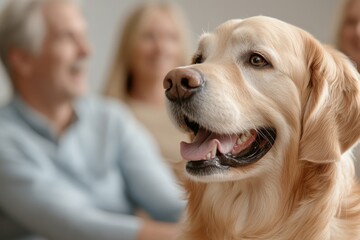 Golden retriever enjoys time with family in cozy indoor setting, showcasing joy and companionship among loved ones