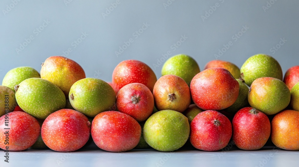 Poster isolated of fresh guavas with natural imperfections grouped together on a plain white surface stock 