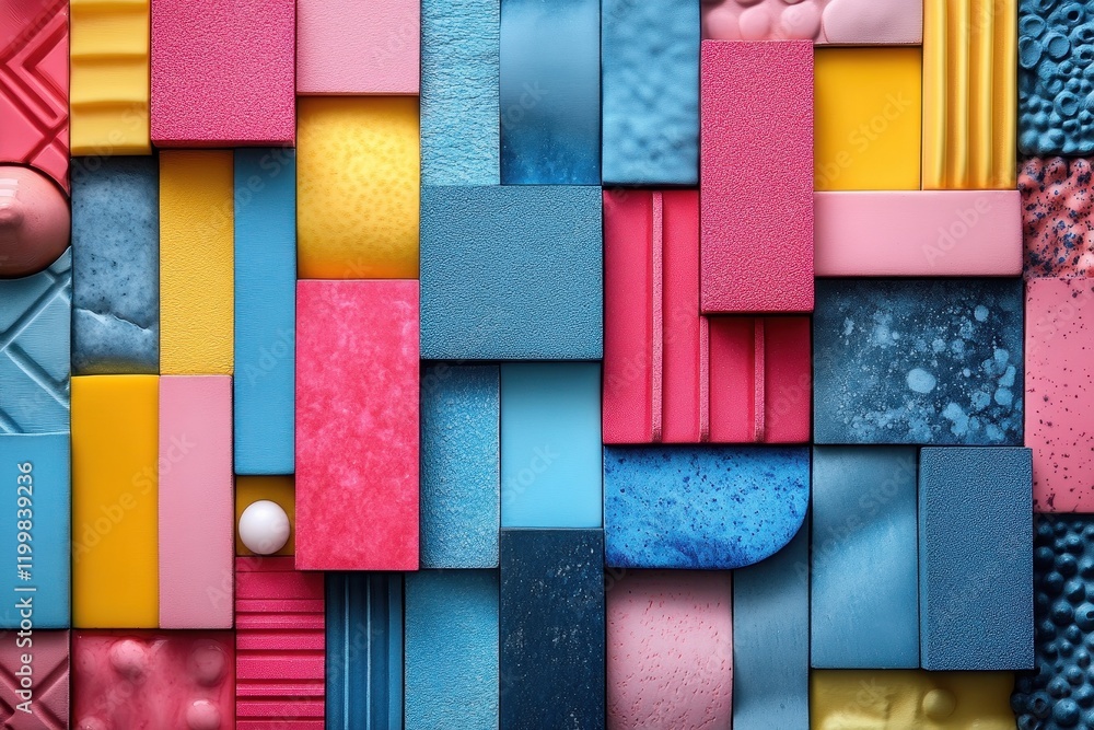 Poster colorful arrangement of vibrant geometric shapes in various textures and materials creating an artis