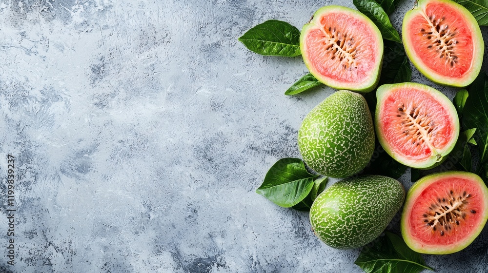 Poster isolated of fresh guavas with natural imperfections grouped together on a plain white surface stock 