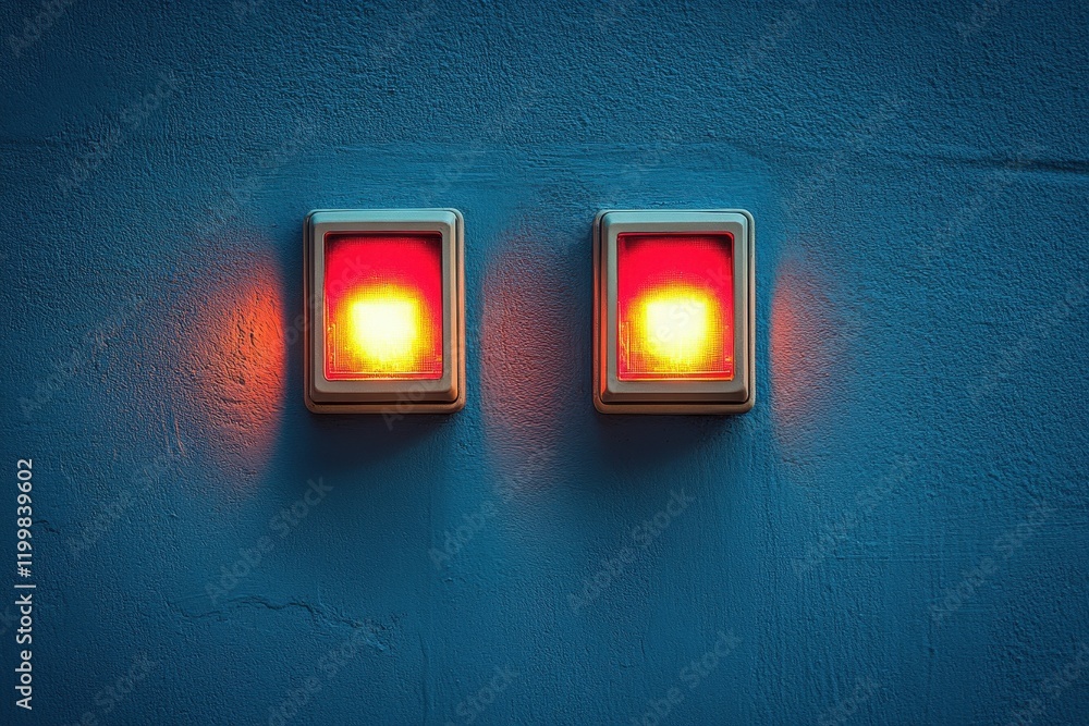 Poster bright red warning lights illuminate a blue wall in a night setting, creating a striking visual cont