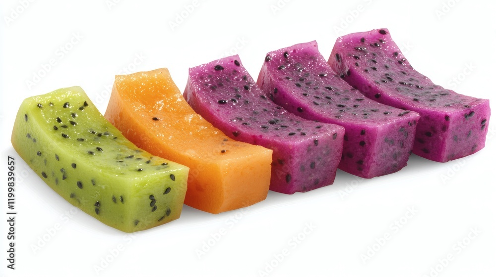 Poster isolated of a vibrant dragon fruit sliced into quarters with vivid colors contrasting against a whit