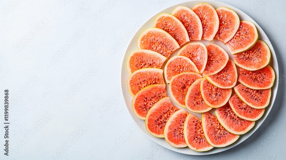 Poster Isolated of guava slices neatly arranged in a circular pattern on a plate placed on a clean white surface Stock Photo with side copy space