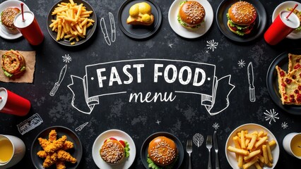 A sleek black table displays an array of tantalizing fast food, anchored by a crisp white banner proclaiming "FAST FOOD / MENU," outlined in elegant white