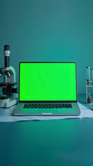 Laptop with Green Screen on Laboratory and Scientific Equipment