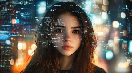 Woman, digital overlay, city night, futuristic, technology, portrait
