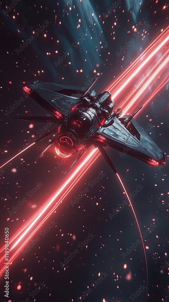 Sticker futuristic spaceship soaring through red nebula space