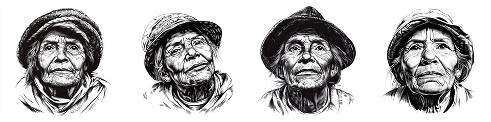 portrait series of elderly Ecuadorian individuals in pencil drawing style