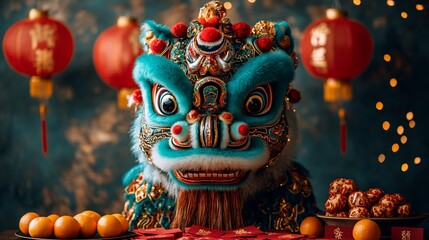 Fototapeta premium Teal lion dance costume with red lanterns and mandarin oranges.