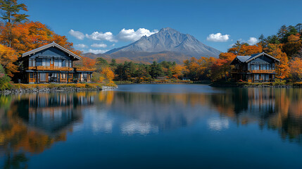 Fototapeta premium Autumn landscape with tranquil lake reflecting colorful trees and mountain