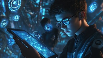 Teenager using futuristic tablet, digital background, gaming