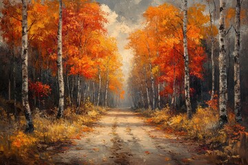 Fototapeta premium Vibrant autumn path lined with golden and red trees in a tranquil forest setting