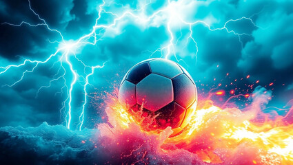 Fototapeta premium Flying soccer ball with cosmic storm, lightning, fire and ice, dramatic sky and dark football stadium background. Generative AI