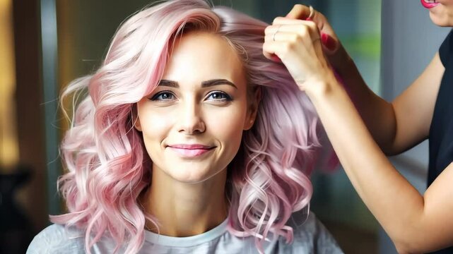 Hairdresser styling pink hair of young woman in salon