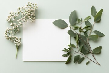 Elegant arrangement of fresh foliage and white paper on soft green background for crafting or design inspiration