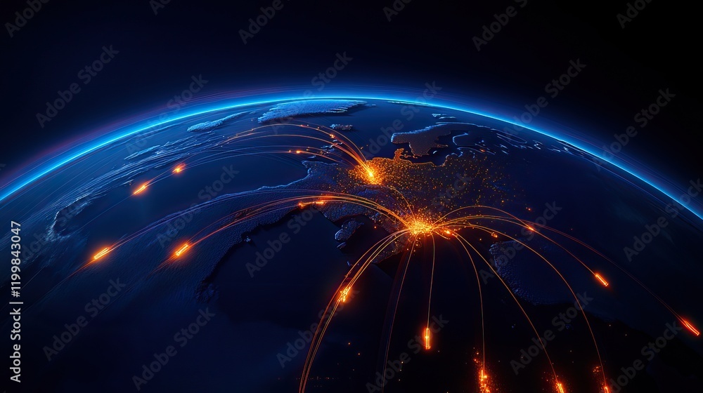Aufkleber visual representation of a connected globe with glowing network paths and vibrant lights.