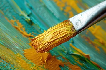 Fototapeta premium A paintbrush with yellow paint on it is on a green surface