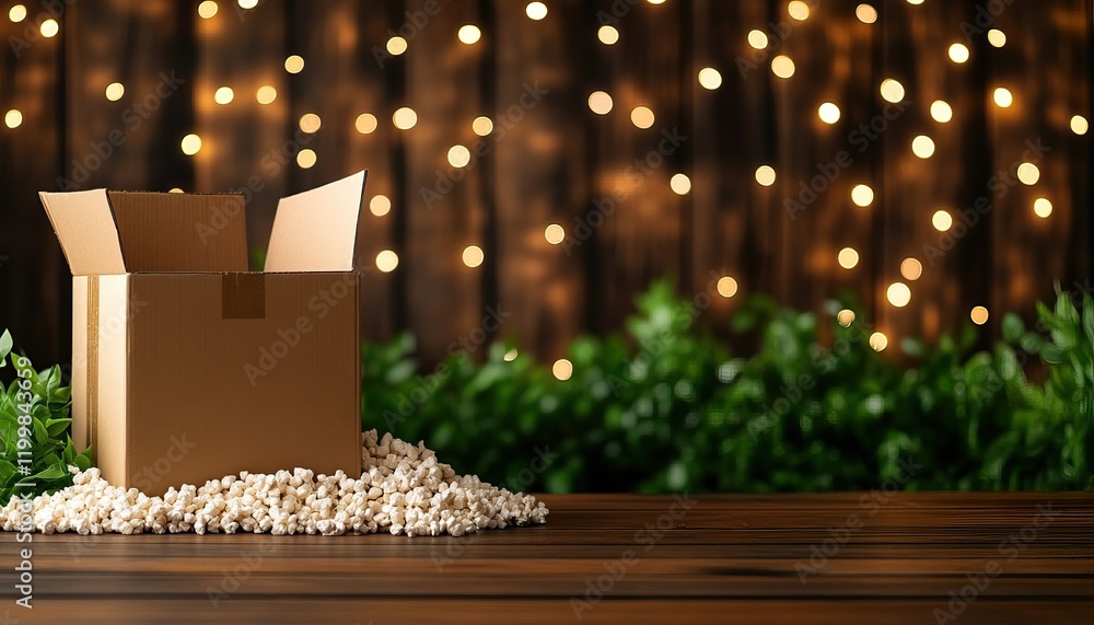 Poster empty cardboard box surrounded by packing peanuts on a wooden table with twinkling lights in the bac