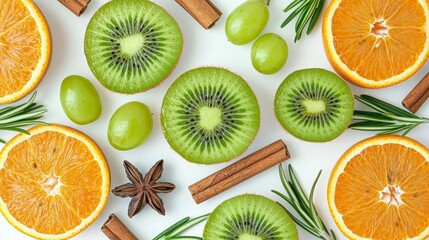A vibrant set of fresh fruits including kiwi, orange, lemon, strawberry, and grapefruit, showcasing their juicy slices in a colorful and healthy arrangement