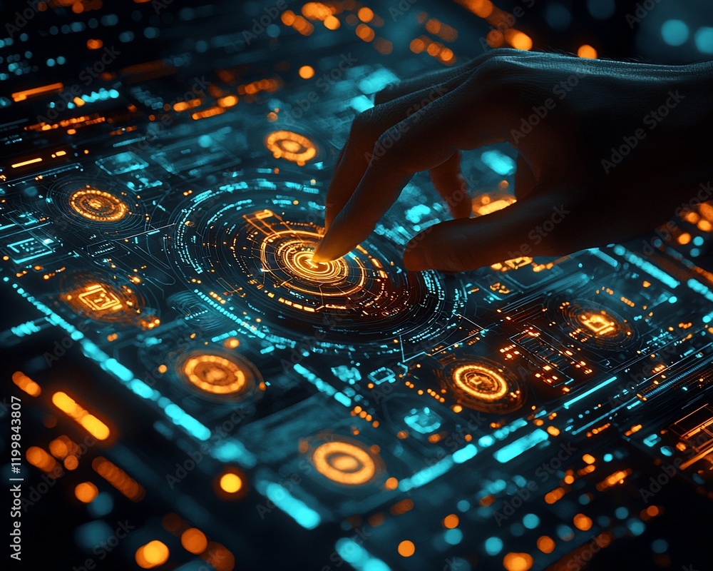 Poster hand interacting with futuristic digital interface.