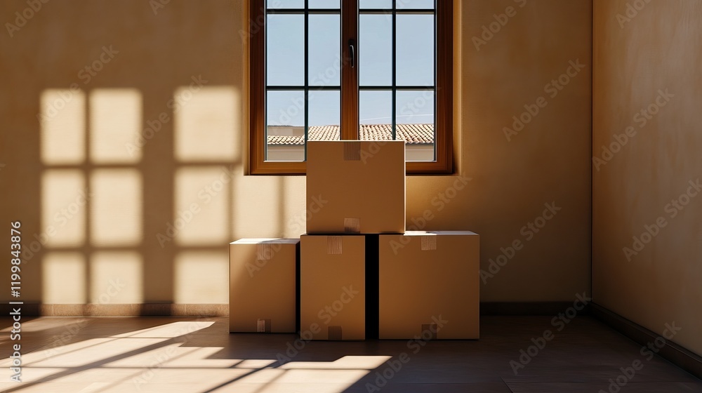 Poster empty room with sunlight casting shadows on stacked cardboard boxes near a window.