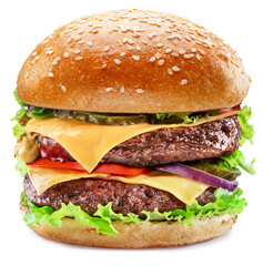 Appetizing cheeseburger with two patties close up on white background. File contains clipping path.