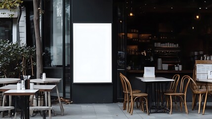 Blank Signage Mockup: Modern Cafe Exterior with Outdoor Seating