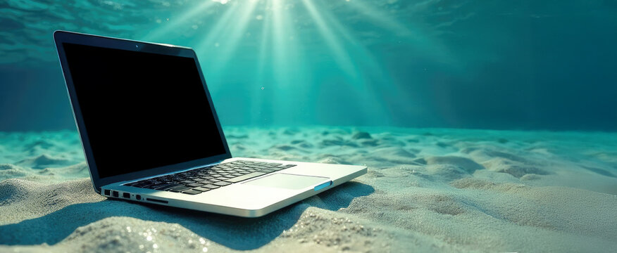 Mockup Banner Laptop sunk underwater to the bottom of the sea in air bubbles and waves with space for design or text. Concept for vacation, office weekend, lunch break.