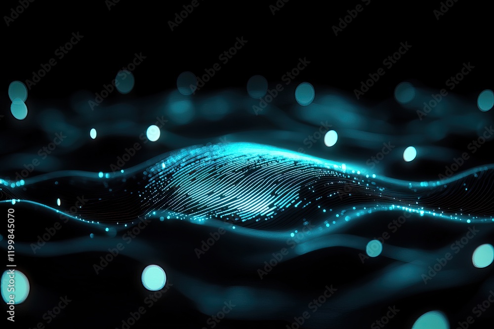 Poster abstract blue wave pattern with glowing dots on a dark background.