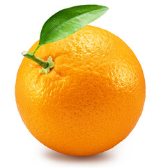 Orange ripe fruit with green leaf white background. File contains clipping path.