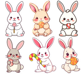 Fototapeta premium Set of illustrations with cute little bunnies with candies isolated on a transparent background