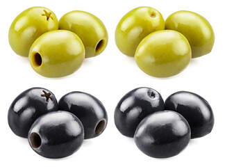 Green and black pitted olive groups isolated on white background. File contains clipping paths.
