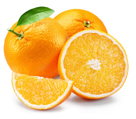Orange fruit with green leaf and orange slices on white background. File contains clipping path.