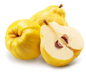 Quinces and longitudinal section of quince isolated on white background. File contains clipping path.