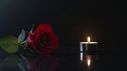 A minimalist setup of a red rose in bloom next to a lit tea light candle on a black backdrop