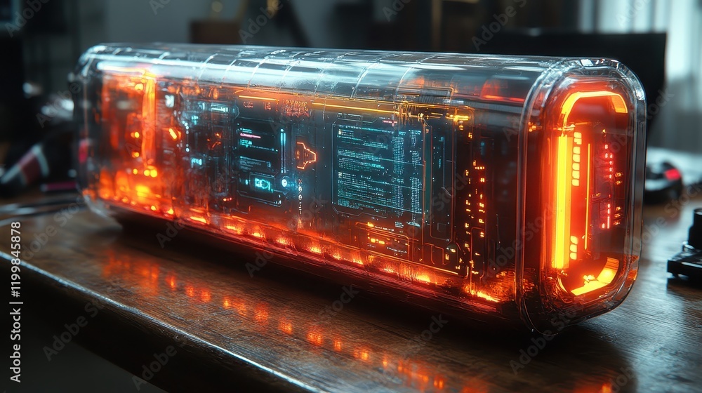 Poster a futuristic, transparent device with glowing elements and digital interfaces.