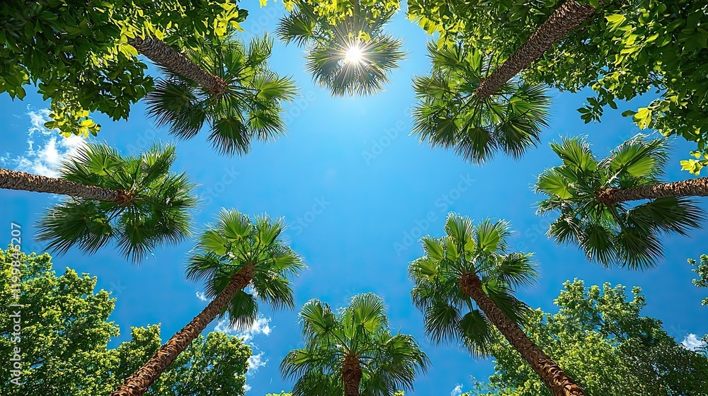 Poster sunlight filters through palm trees in a serene tropical setting on a clear blue sky day