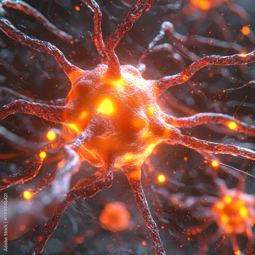 Poster microscopic view of a glowing neuron cell with dendrites firing electrical signals. ideal for scient